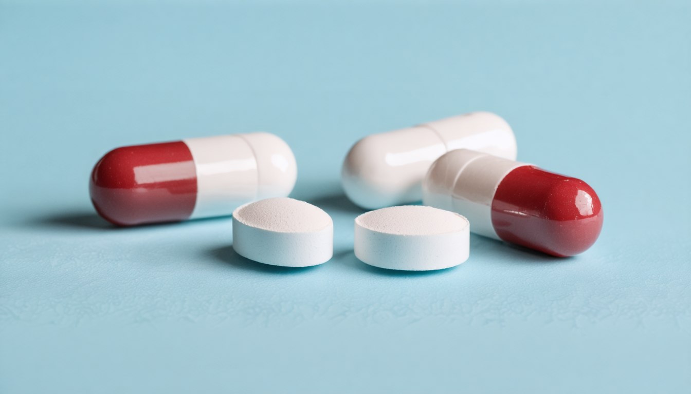 Various natural libido supplements including capsules, herbal extracts, and tablets arranged on a white medical background